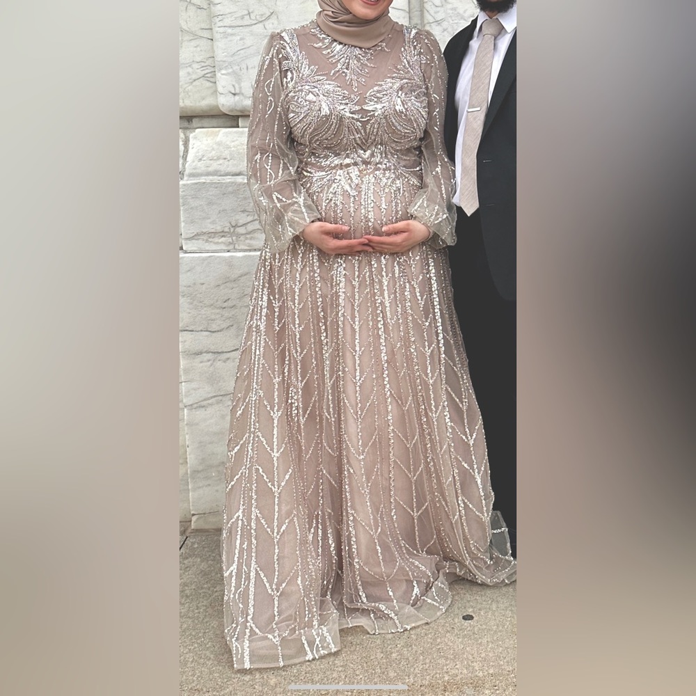Beautiful long sleeve fully beaded beige/light tan gown fits size 14-16